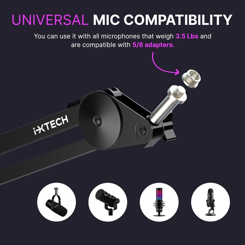 i-XTECH Microphone Boom Arm Stand, Heavy Duty Adjustable Mic Stand with Cable Ties, Desk Mount Arm Stand for Gaming Streaming Podcasting. - Image 2